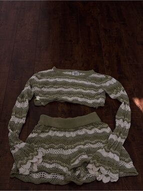 Princess Polly Olive & White Crochet Two-Piece Crop Sweater Set